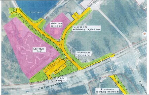 Bild vergr&ouml;&szlig;ern: Der Kartenausschnitt zeigt den Haupteingang zum Park an der B248. Grafisch dargestellt ist ein neuer Parkbereich, der durch eine Baumreihe vom Hauptfu&szlig;weg abgegrenzt ist.