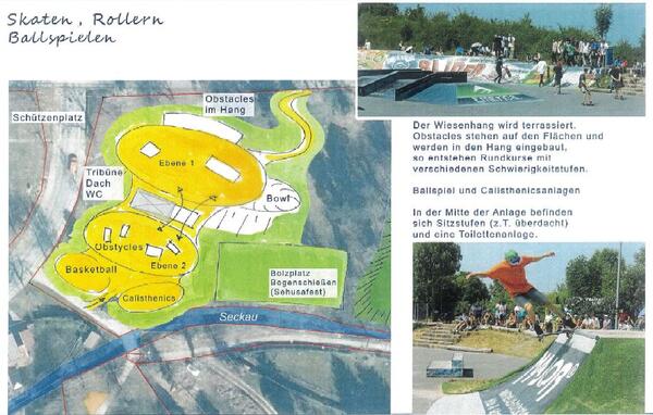 Bild vergr&ouml;&szlig;ern: Abgebildet ist ein Kartenausschnitt des Parks, in dem eine m&ouml;gliche Anordnung eines Skaterplatzes mit verschiedenen Ebenen und Obstacles eingezeichnet ist. Ein Text erkl&auml;rt, dass der Wiesenhang terrassiert wird und die Obstacles in den Hang eingebaut werden um Rundkurse entstehen zu lassen. 