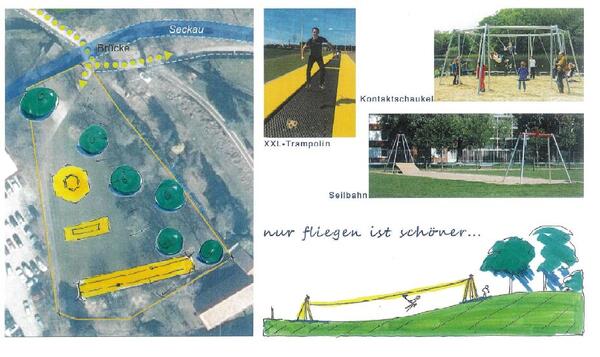 Bild vergr&ouml;&szlig;ern: Bilder veranschaulichen die Planungen f&uuml;r den Kinderspielplatz an der Seckau mit m&ouml;glichen Themenschwerpunkten wie Fliegen, Springen oder Schaukeln. Entsprechend passend sind Bilder von Seilbahnen, Trampolinen und Schaukeln abgebildet. 