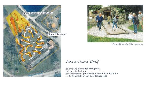 Bild vergr&ouml;&szlig;ern: Der abgebildete Kartenausschnitt zeigt eine m&ouml;gliche Erweiterung des jetzigen Minigolfplatzes um den Bereich der Skateranlage f&uuml;r die Installation einer Adventure-Golf-Anlage. Ein Bild verdeutlicht die thematische Schwerpunktsetzung auf Ritter. 